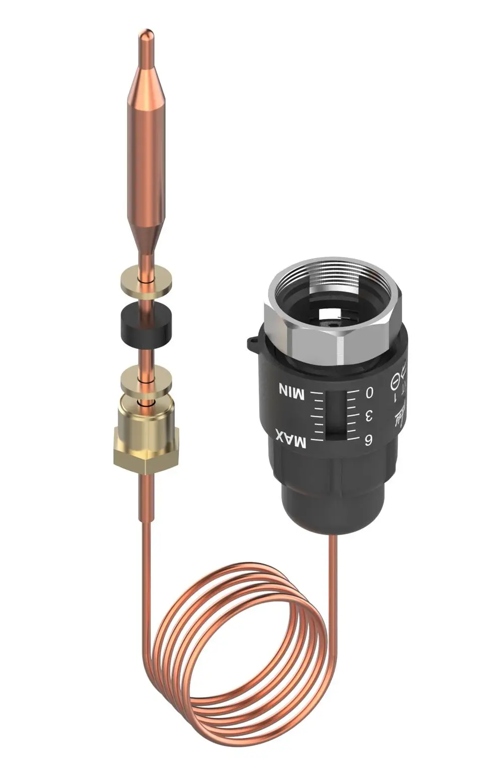 Thermo-stellantrieb von Danfoss mit Standardfühler, bestehend aus einem Hauptkörper, einem Fühler und einer spiralförmigen Kupferleitung.